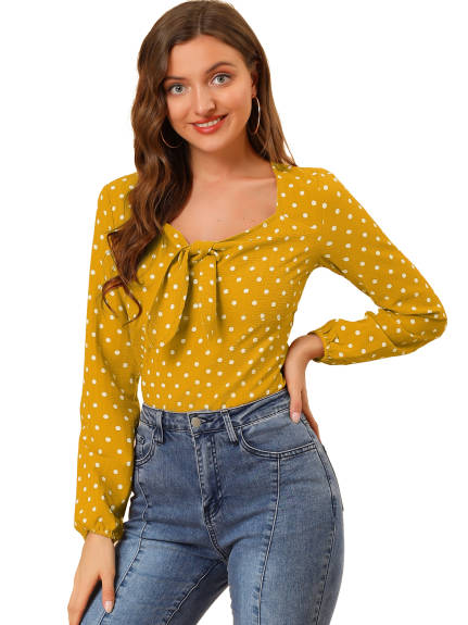 Allegra K- Tie Long Sleeve Polka Dots Blouse