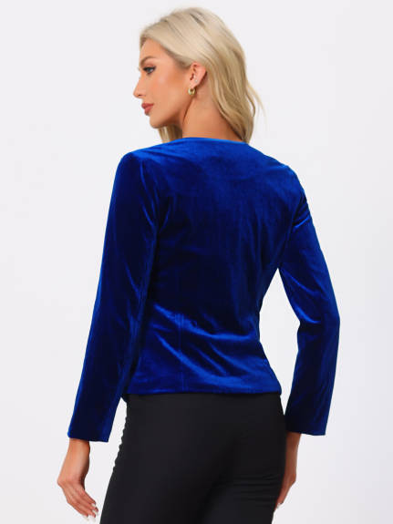 Allegra K- Collarless 1 Button Velvet Blazer