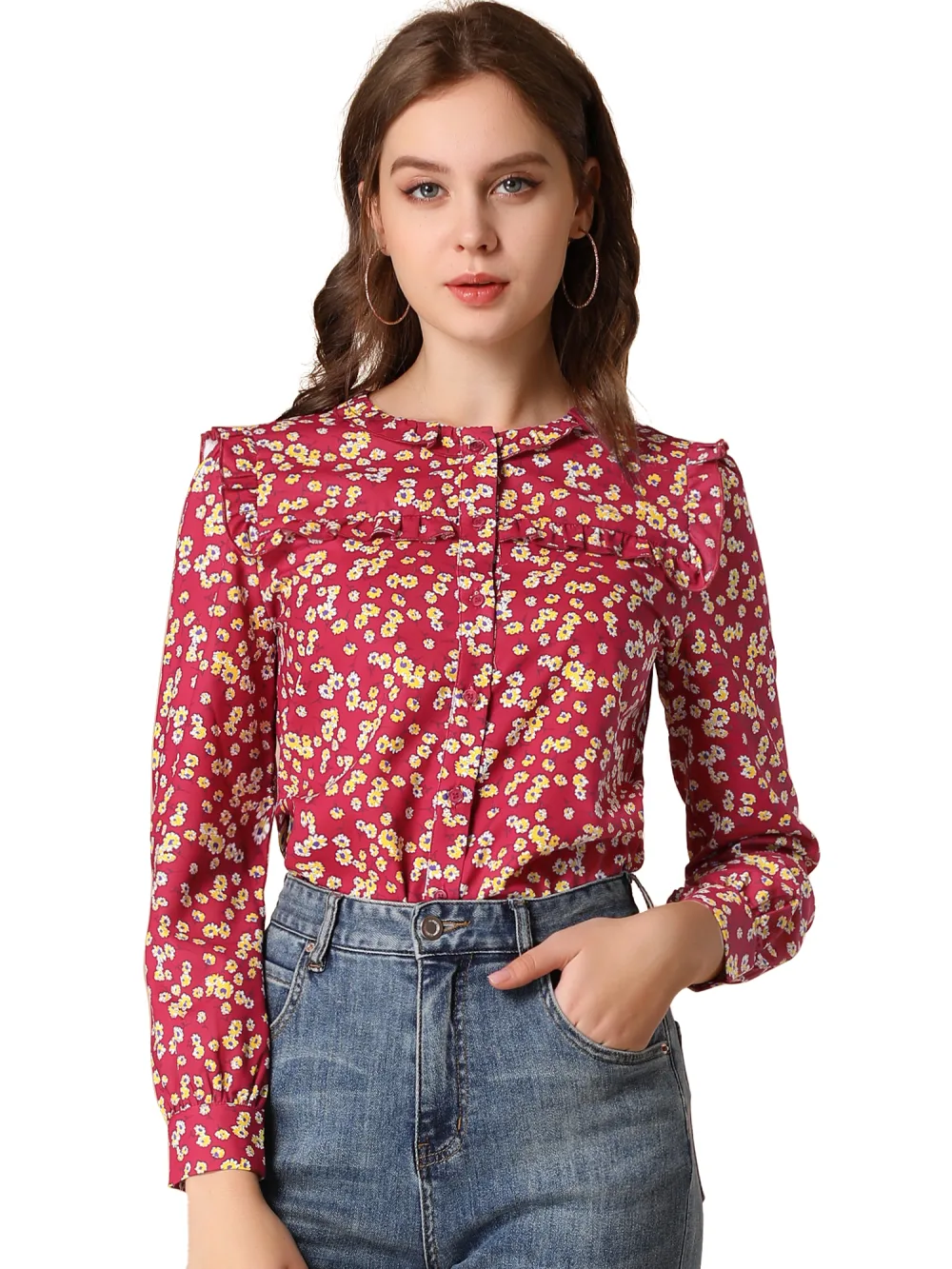 Allegra K- Ruffled Floral Daisy Blouse Shirt