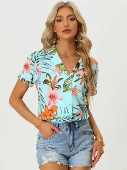 Allegra K- Beach Tropical Floral Leaves Button Down Shirts