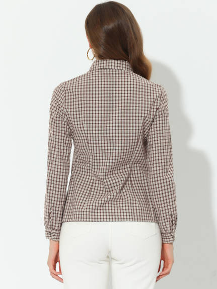 Allegra K- Plaid Point Collar Long Sleeve Double Breasted Shirt