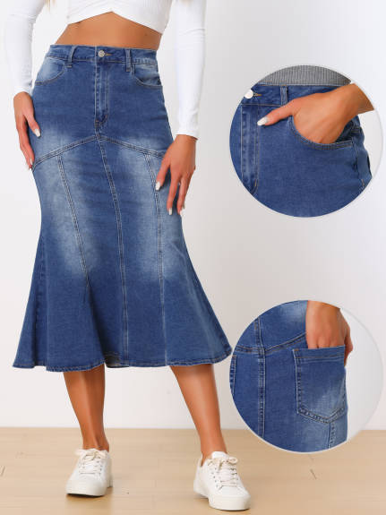 Allegra K- Washed Denim Fishtail Midi Bodycon Skirt