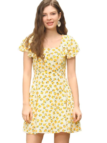 Allegra K- Pleated Square Neck Floral Flare Dress