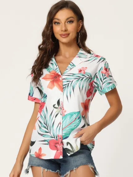 Allegra K- Beach Tropical Floral Leaves Button Down Shirts