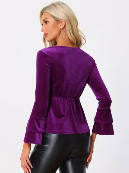 Allegra K- V Neck Flare Long Sleeve Velvet Blouse