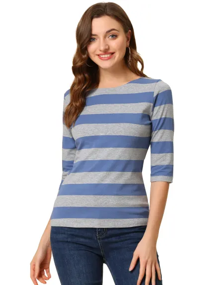 Allegra K- Boat Neck Elbow Sleeve Slim Fit Stripe T-Shirt