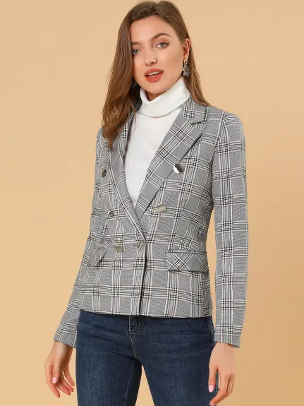 Allegra K- Veste blazer à revers cranté à carreaux