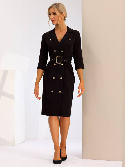 Allegra K- Double Breasted Lapel Belted Blazer Dress