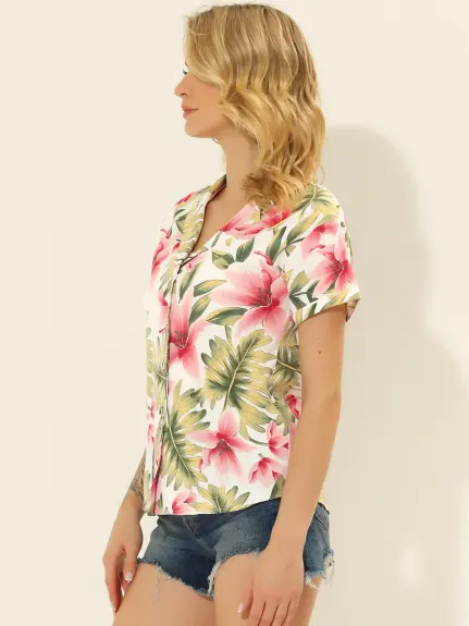 Allegra K- Beach Tropical Printed Button Down Shirt