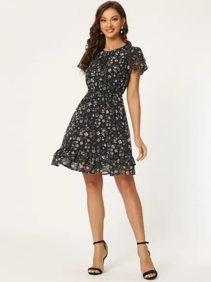 Allegra K- Ruffle Sleeve Self-Tie V Neck A-Line Floral Chiffon Dress