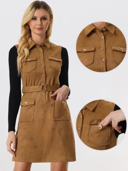 Allegra K- Faux Suede Turn Down Collar Belted Pinafore Overall Dress