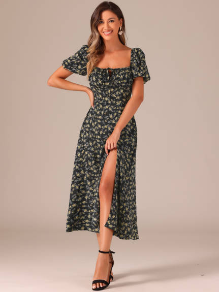 Allegra K - Floral Tie Neck Split Puff Sleeve Maxi Dress