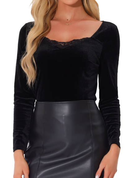 Allegra K - Velvet Contrast Lace V Neck Fall Top