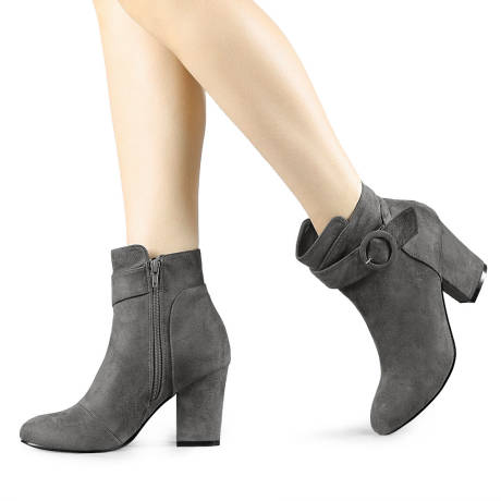 Allegra K- Round Toe Block Heel Ankle Buckle Boots