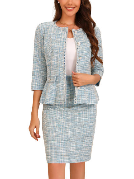 Allegra K - 3/4 Sleeve Tweed Blazer Pencil Skirt Business Suit