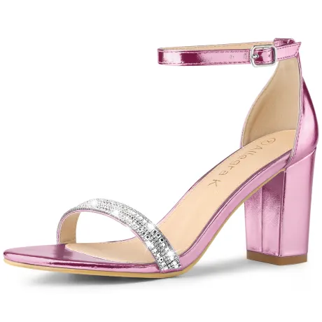 Allegra K - Rhinestone Ankle Strap Chunky Heeled Sandals