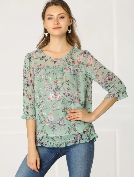 Allegra K- Blouse florale en mousseline à manches 3/4 et à volants