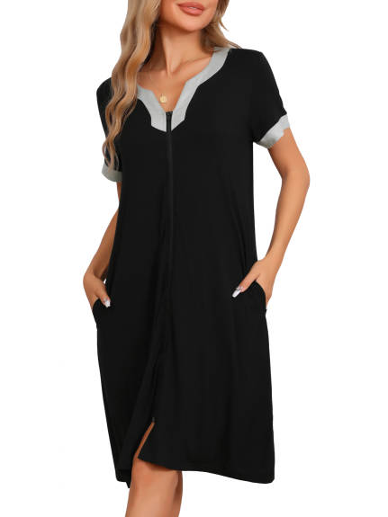 Cheibear - Zipper Front Short Sleeve Nightgown