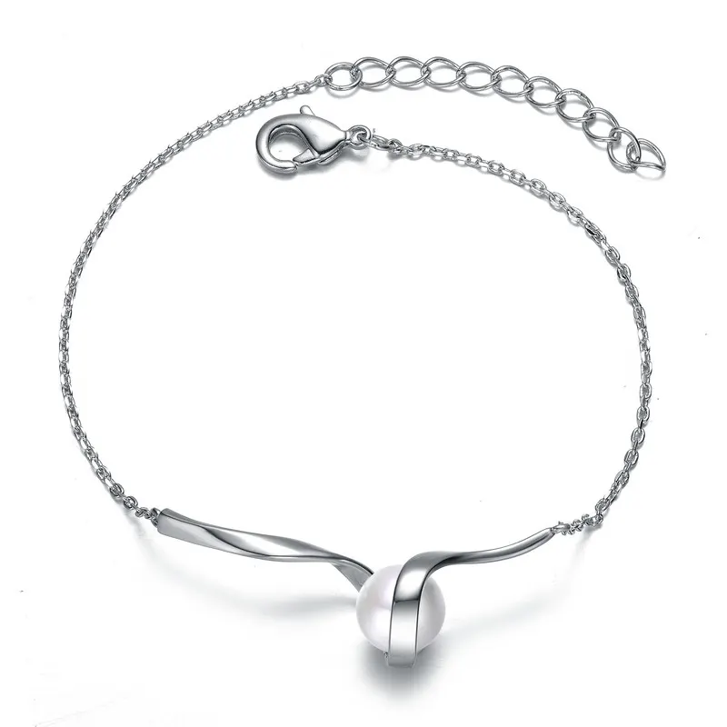 Genevive Sterling Silver with Single Freshwater Pearl Ribbon Delicate Cable Bracelet