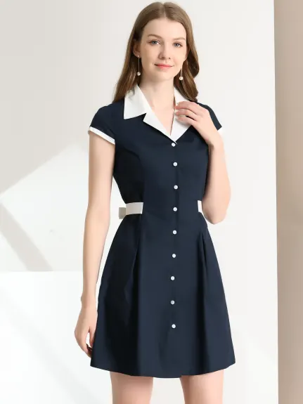 Allegra K- Button Down Flat Collar Belted Mini Shirt Dress
