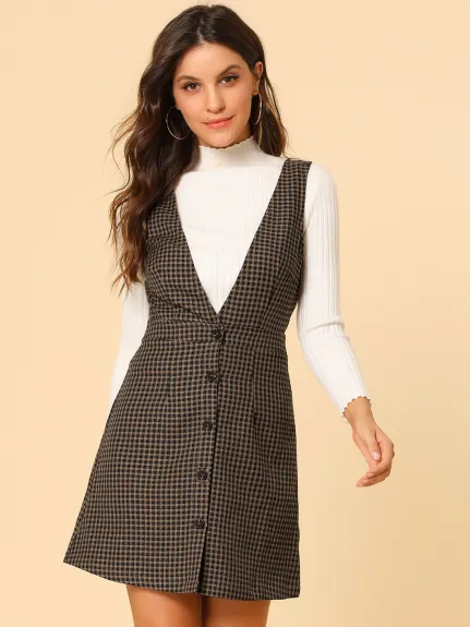 Allegra K- Overalls V-Neck Plaid Houndstooth Pinafore Dress