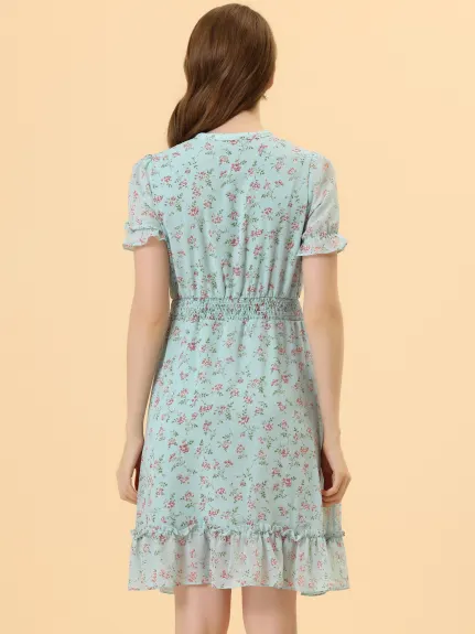 Allegra K- Floral Puff Sleeve Ruffles Tiered Chiffon Smocked Dress