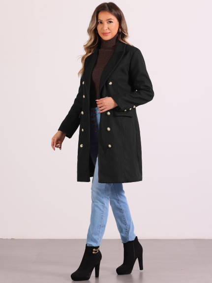 Allegra K - Notched Lapel Double Breasted Long Pea Coat