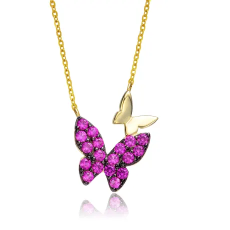 Genevive Sterling Silver 14k Yellow Gold Plated with Ruby Cubic Zirconia Double Butterfly Layering Necklace