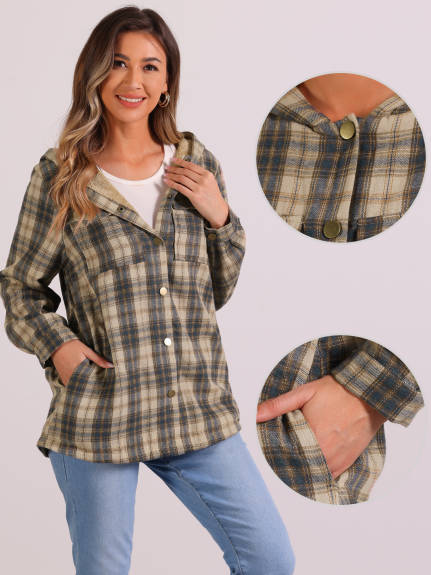 Allegra K - Plaid Fleece Hooded Shacket Jacket