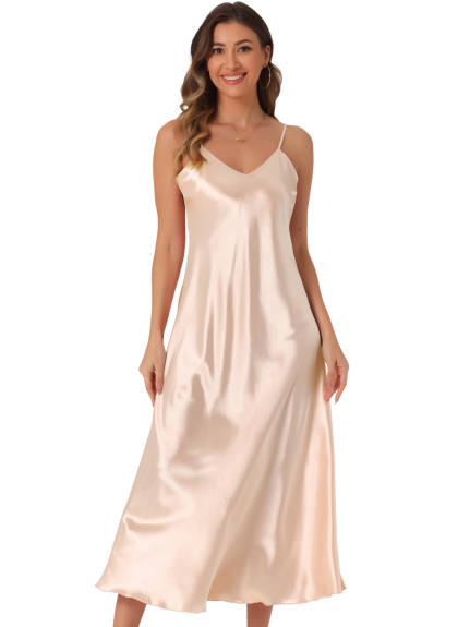 Allegra K - Satin V Neck Spaghetti Strap Maxi Dress