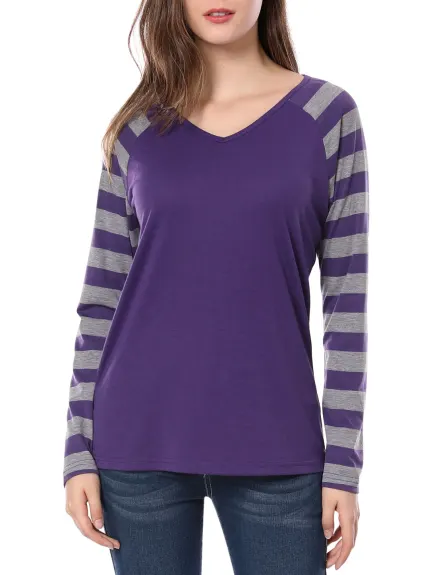 Allegra K- Stripe Raglan Long Sleeve V Neck T-Shirt