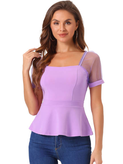 Allegra K - Square Neck Mesh Sheer Sleeve Peplum Top