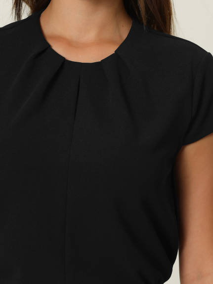 Hobemty- Pleated Neck Cap Sleeve Blouse