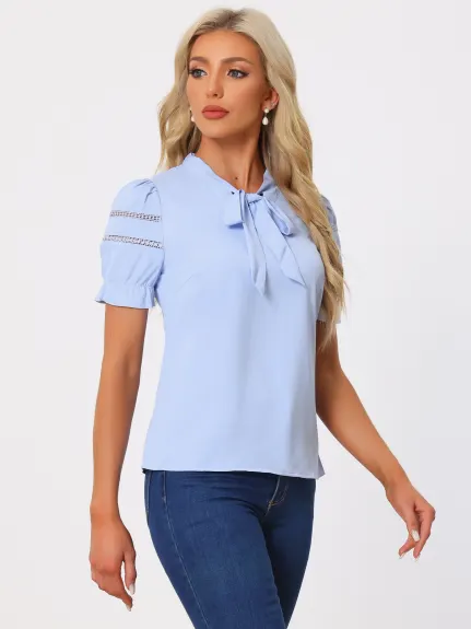 Allegra K- Ruffle Cuff Short Sleeve Bow Tie Collar Top