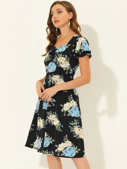 Allegra K- Floral Sweetheart Cherry Print Flare Dress