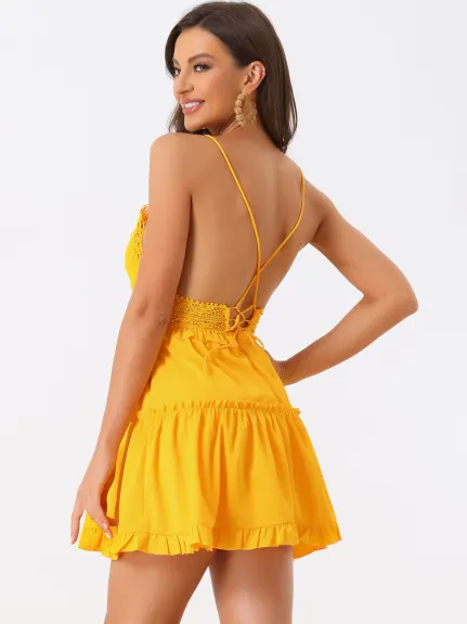 Allegra K- Boho Backless Spaghetti Strap Lace Mini Beach Dress