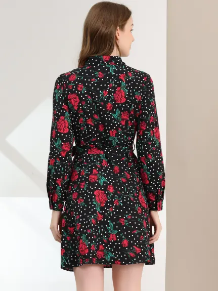 Allegra K- Lapel Button Down Belted Floral Shirt Dress