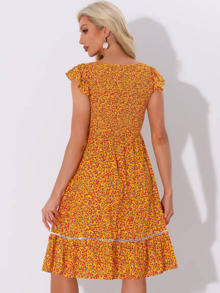 Allegra K - Fit and Flare Floral Midi Smocked Dress