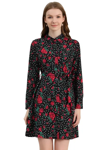 Allegra K- Lapel Button Down Belted Floral Shirt Dress