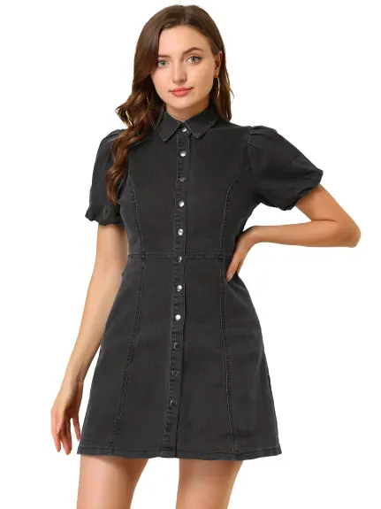 Allegra K- Puff Short Sleeve Button Denim Shirt Dress