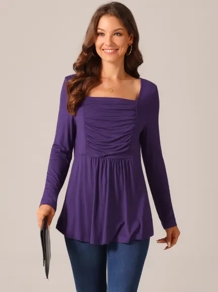 Allegra K - Long Sleeve Square Neck Tunic Top