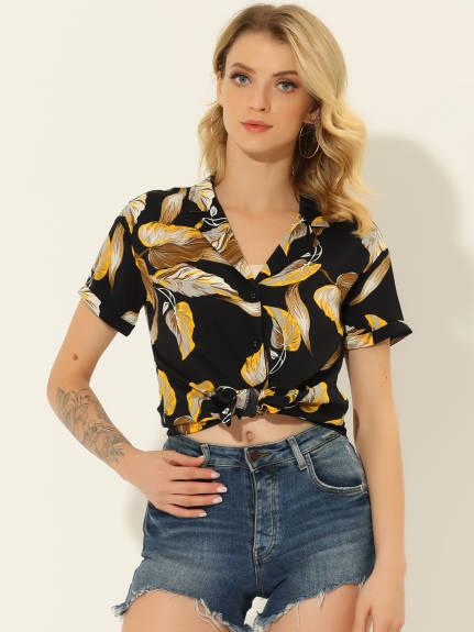 Allegra K- Beach Tropical Floral Leaves Button Down Shirts