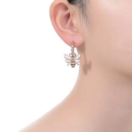 Genevive Sterling Silver 18K Rose Plated with Colored Cubic Zirconia Dangling Bee Earrings