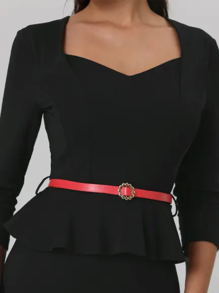 Hobemty- Belted 3/4 Sleeve Peplum Pencil Dress