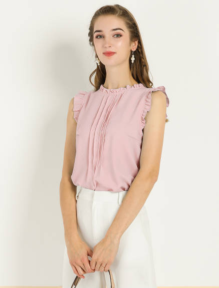 Allegra K- Ruffled Mandarin Collar Sleeveless Pleated Blouse