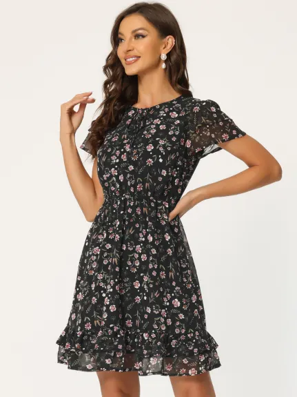 Allegra K- Ruffle Sleeve Self-Tie V Neck A-Line Floral Chiffon Dress