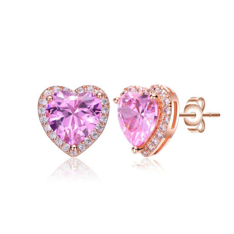 Genevive Sterling Silver 18K Rose Plated with Pink Cubic Zirconia Heart Stud Earrings