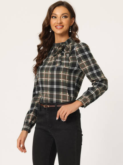 Allegra K- Bow-Tie Neck Blouse Checks Shirt