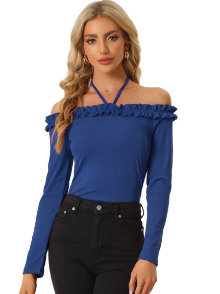 Allegra K- Tie Halter Off Shoulder Lettuce Trim Top