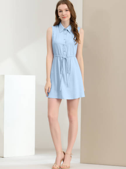 Allegra K- Sleeveless Pleated Drawstring Waist Shirt Dress